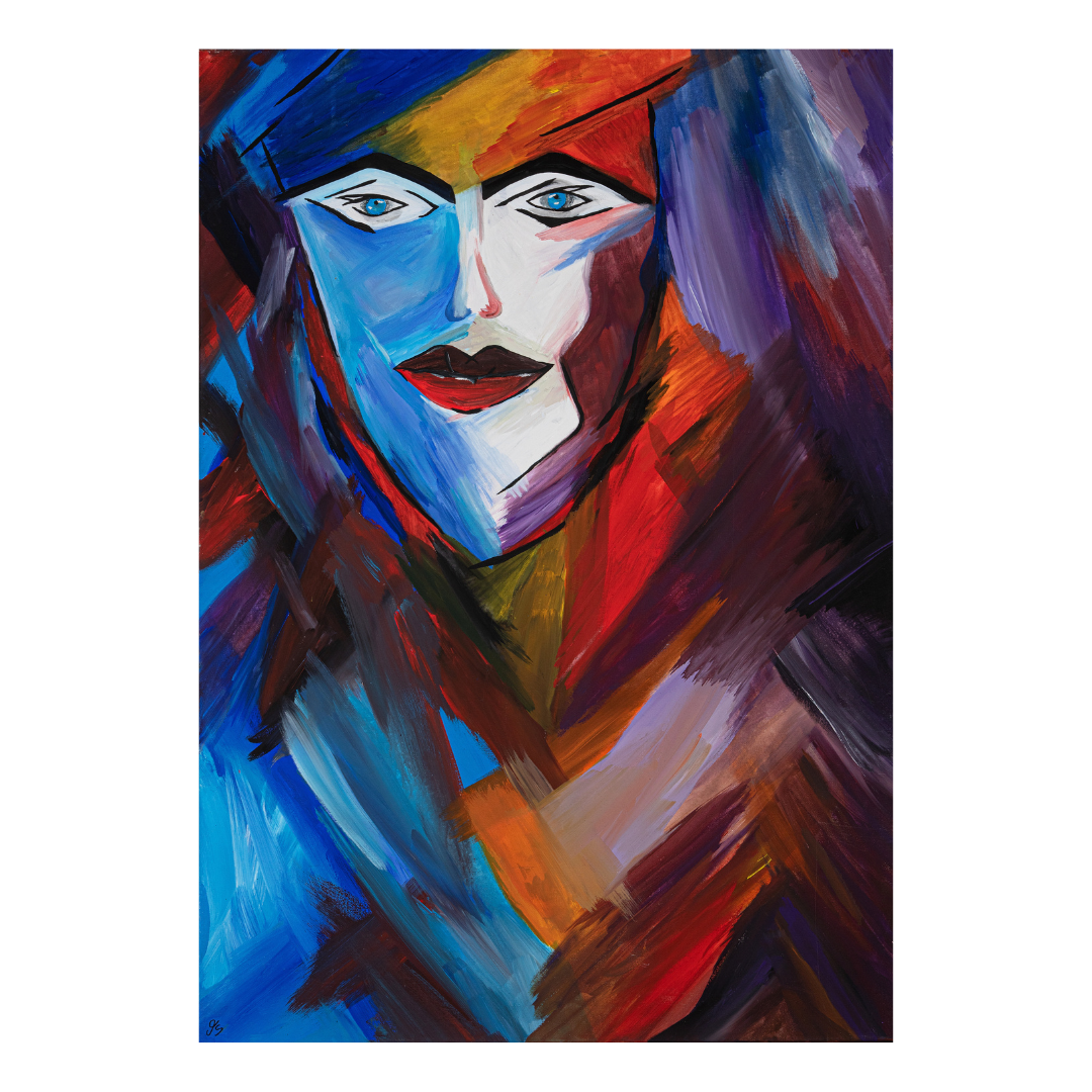 Abstraktes Porträt eines Gesichts mit ernstem Blick in Rot-, Blau-, Weiß- und Gelbtönen, das durch fragmentierte und expressive Farbschichten Spannung, Emotion und innere Zerrissenheit darstellt