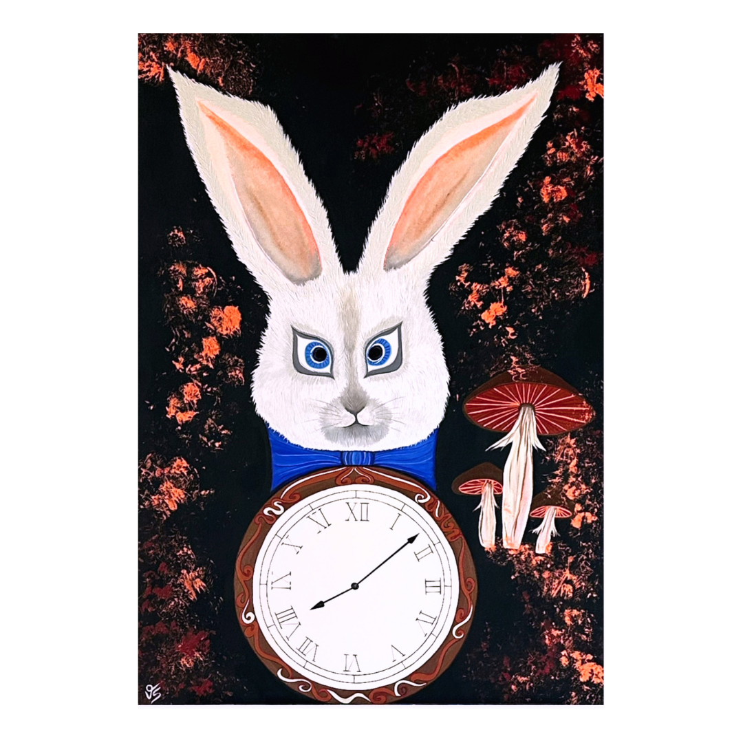 Abstraktes Kunstwerk mit einem weißen Hasen im Stil von Alice im Wunderland, umgeben von dunklen, organischen Formen und leuchtenden Pilzen, die eine mystische, transformierende Atmosphäre erzeugen.
