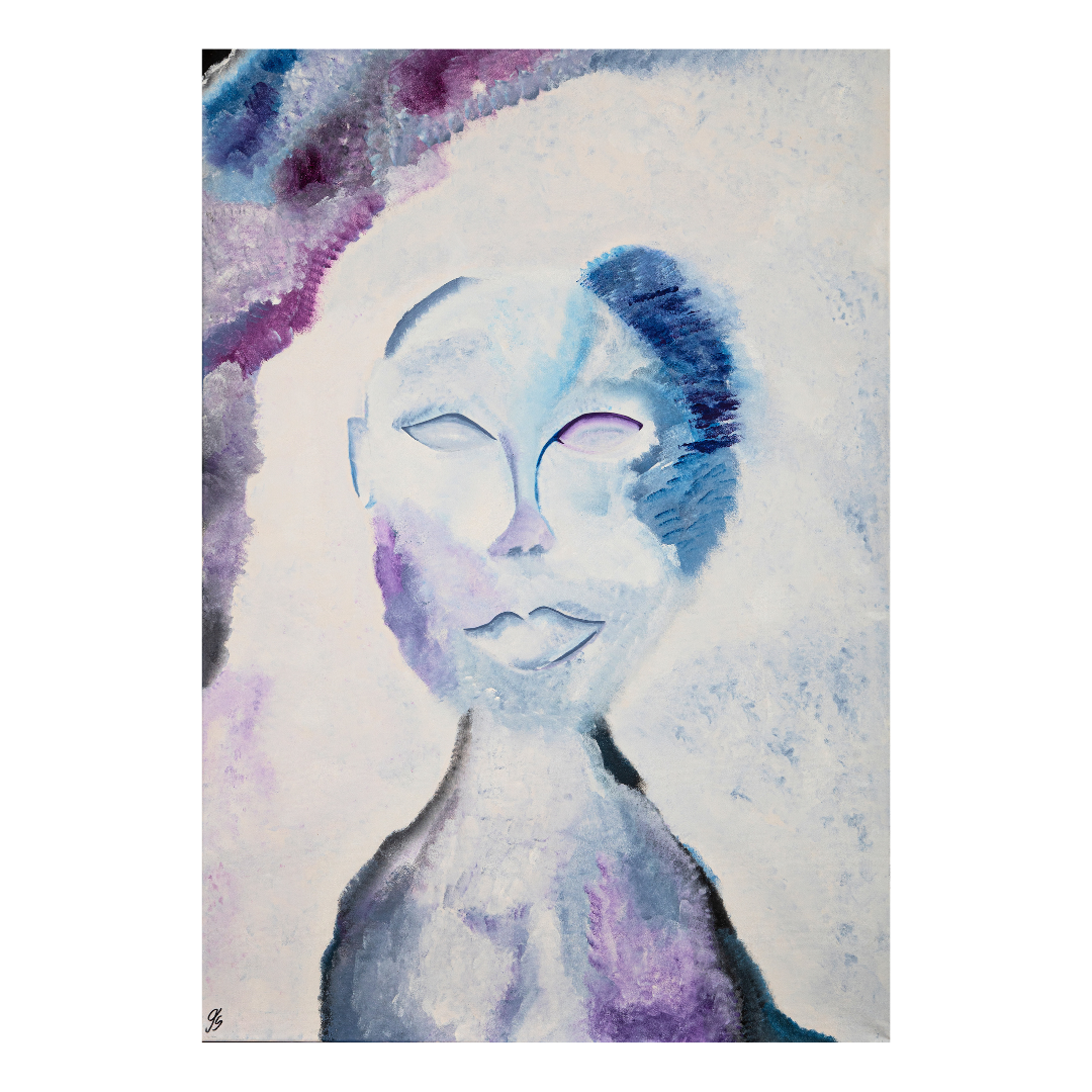 Figuratives Acrylgemälde einer ätherischen Fantasiefigur in kühlen Weiß-, Eisblau- und Violetttönen mit geschlossenen Augen. Symbolistisch-abstraktes Portrait eines geistartigen Wesens zwischen den Elementen Wasser und Luft.
