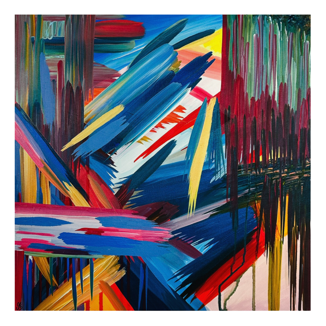 Abstraktes Expressionismus Gemälde, Acryl auf Leinwand, dynamische Komposition mit mehrfarbigen Pinselstrichen in Blau, Rot, Gelb und Grün.