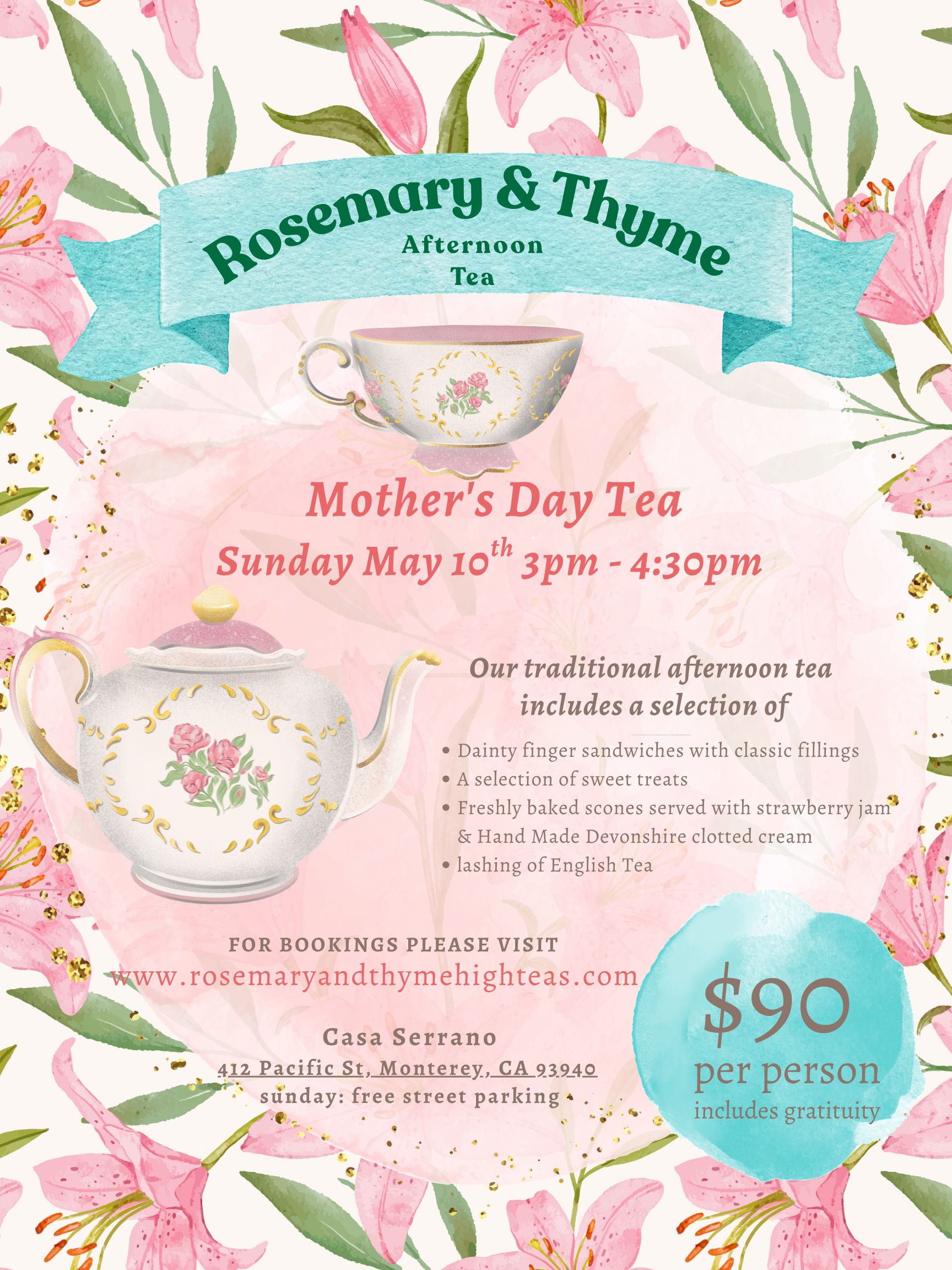 Elegant Mother’s Day tea party with vintage china and linens in Monterey California