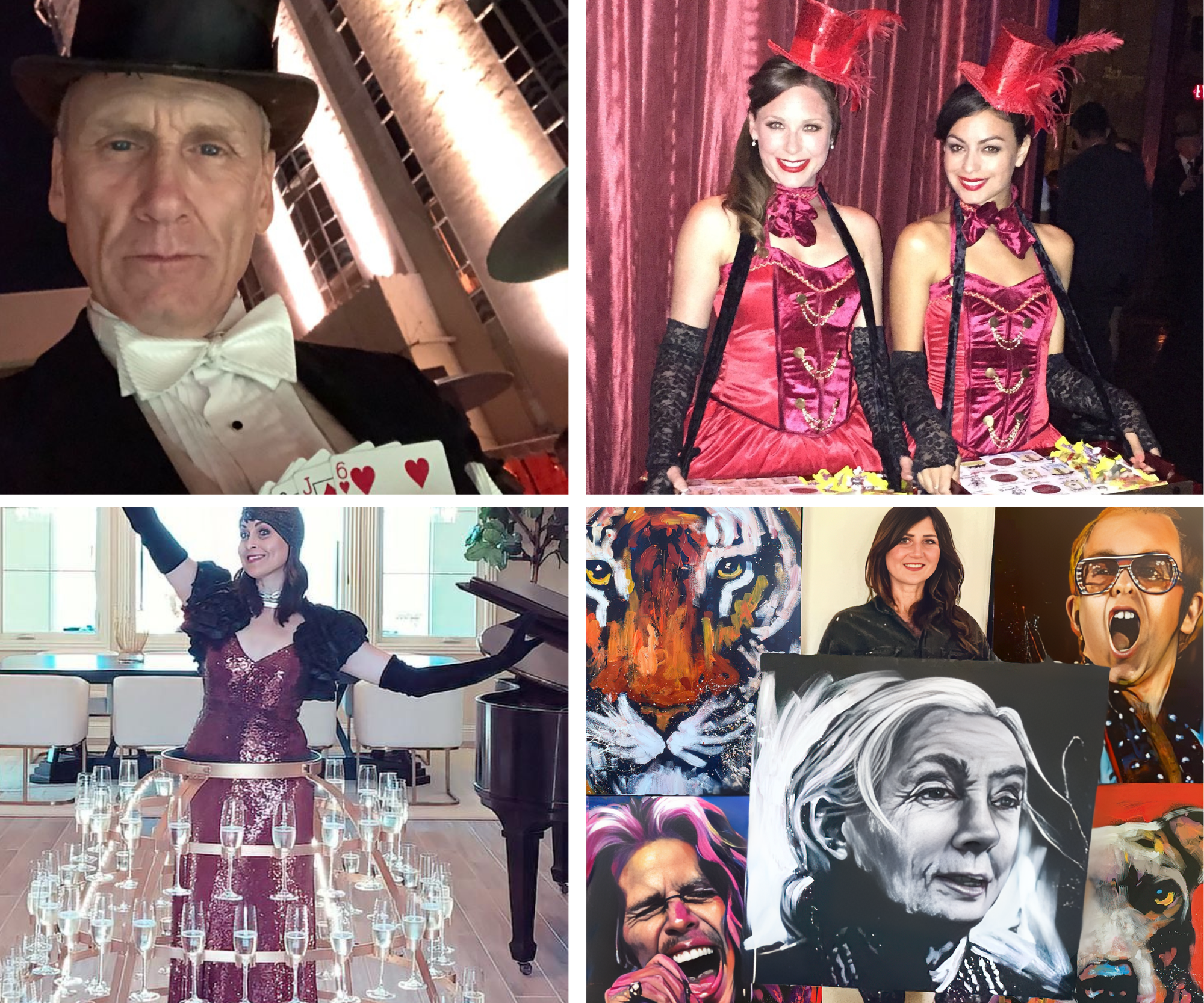 Variety entertainment acts including magicians, stilt walkers, musicians, and specialty performers for corporate events and private celebrations.