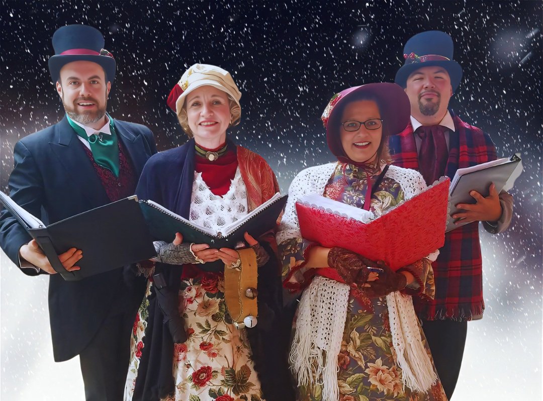 Victorian carol singers in traditional period costume performing classic holiday carols for corporate events, shopping centers, and festive gatherings.