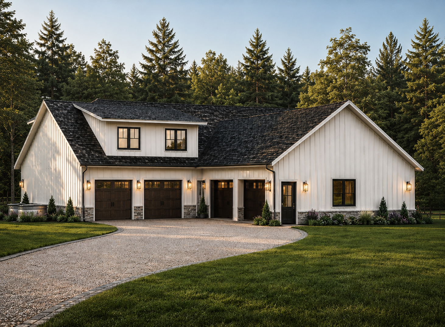 A modern farmhouse-style house with white siding, black roof, and dark brown garage doors, surrounded by a lush green lawn and trees, with decorative outdoor lighting