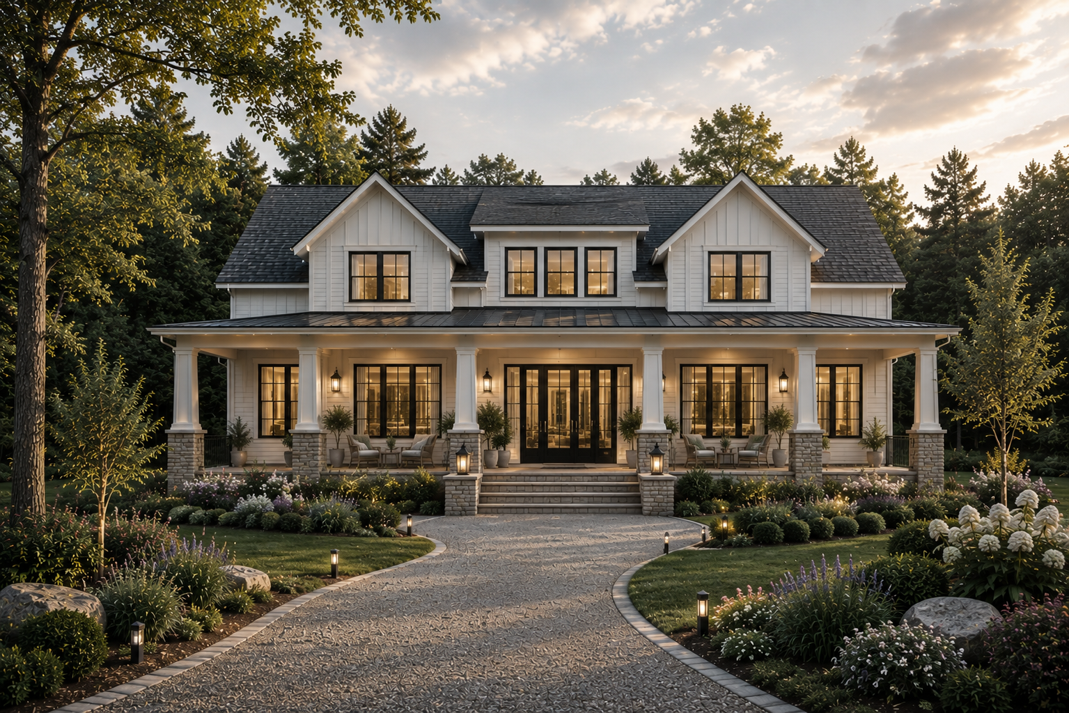 A white two-story house with a covered front porch, black shutters, and black front doors surrounded by a landscaped garden with flowers, bushes, and trees, illuminated by outdoor lights at sunset.