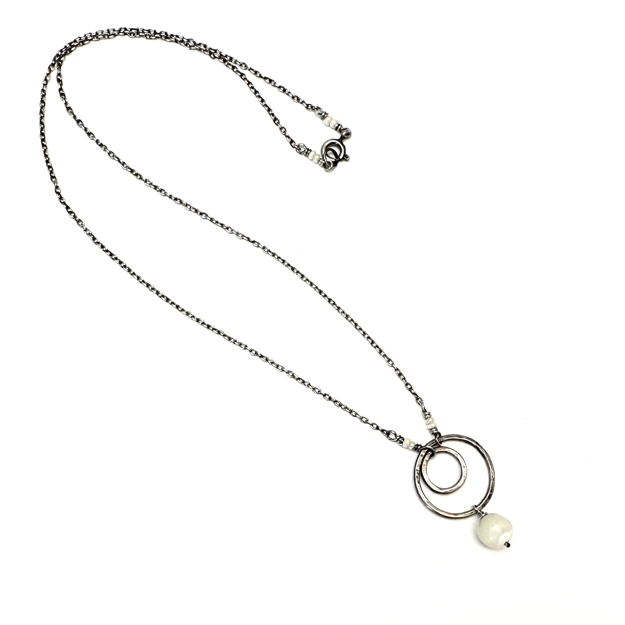 Mother of Pearl and Oxidized Sterling Silver Nested Circle Frame Necklace
