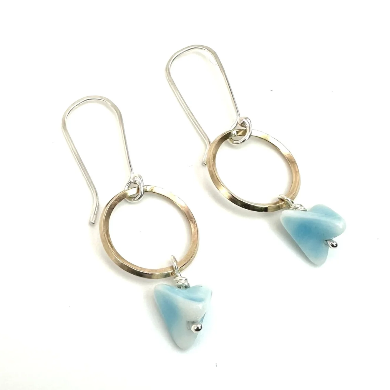 Mid-Century Turquoise Glass, Gold-Filled and Sterling Silver Twisted Circle Frame Earrings