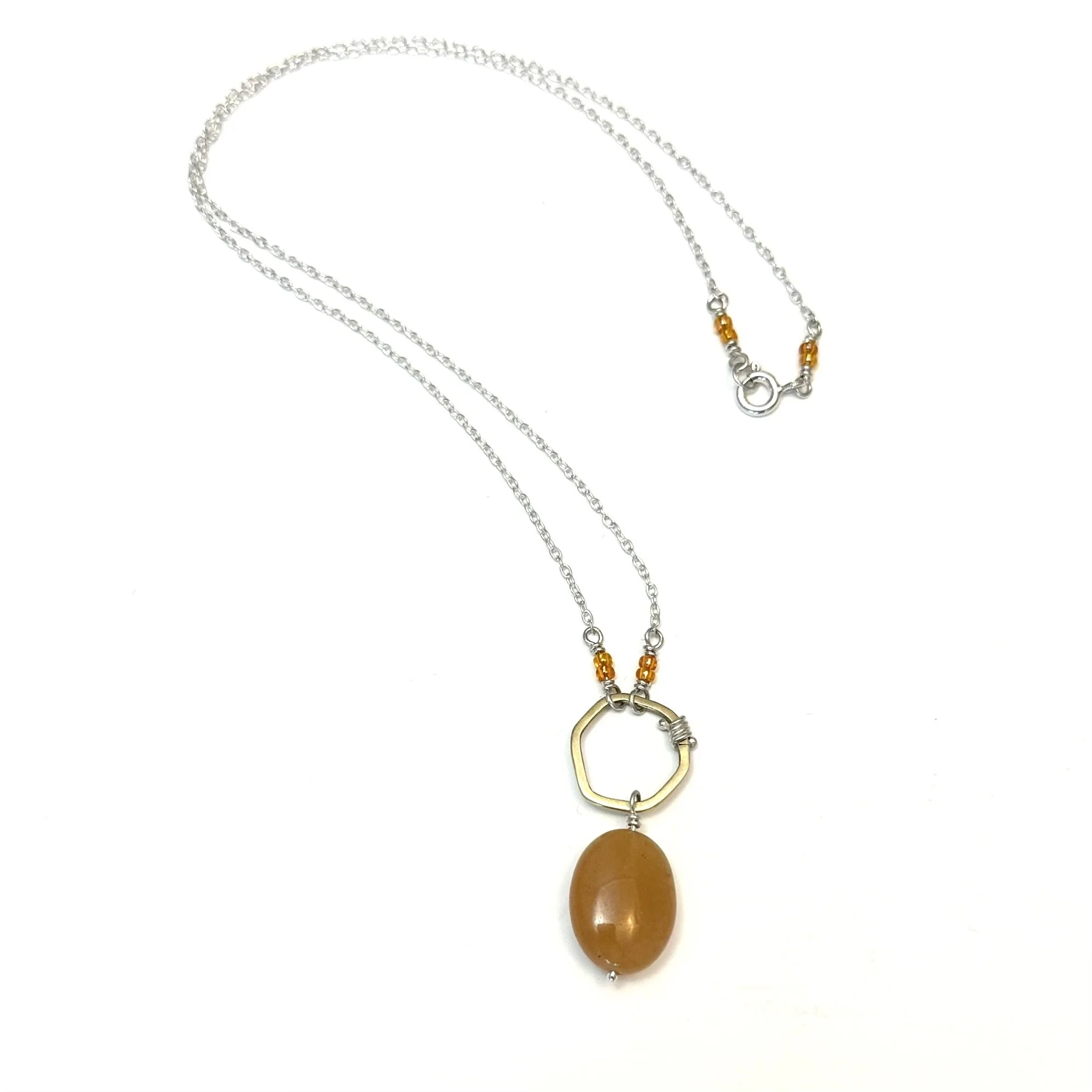 Red Aventurine, Brass and Sterling Silver Hexagon Frame Necklace