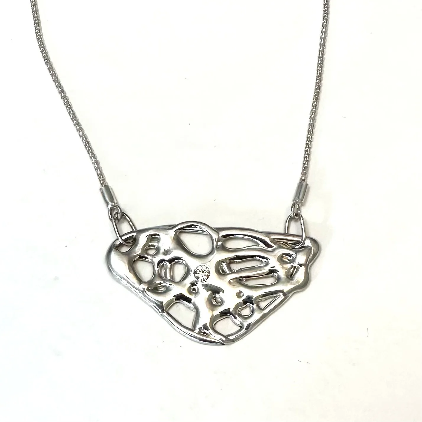 Sterling Silver and White Sapphire Intricate Triangle Bar Necklace