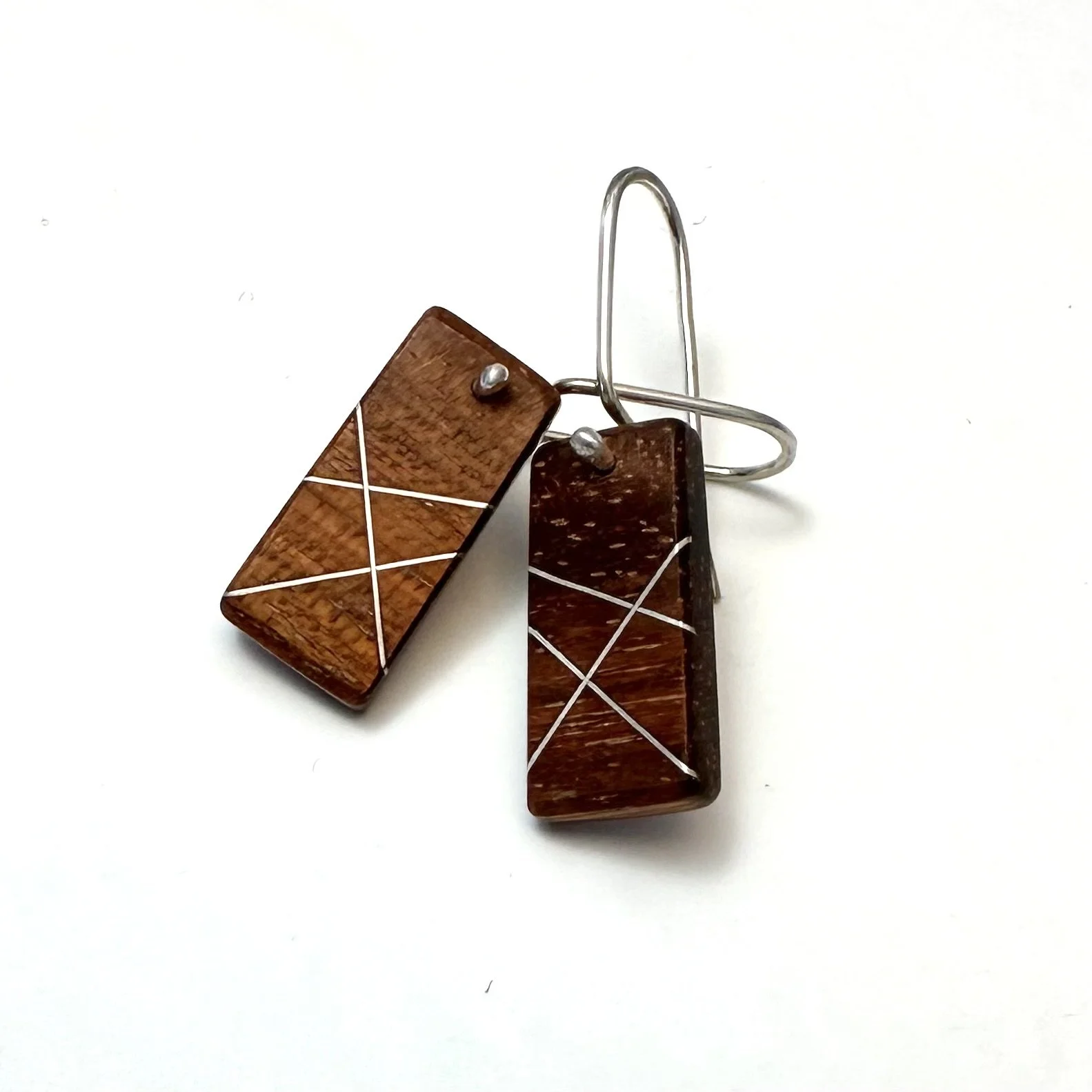 Bloodwood and Silver Inlay Rounded Rectangle Earrings