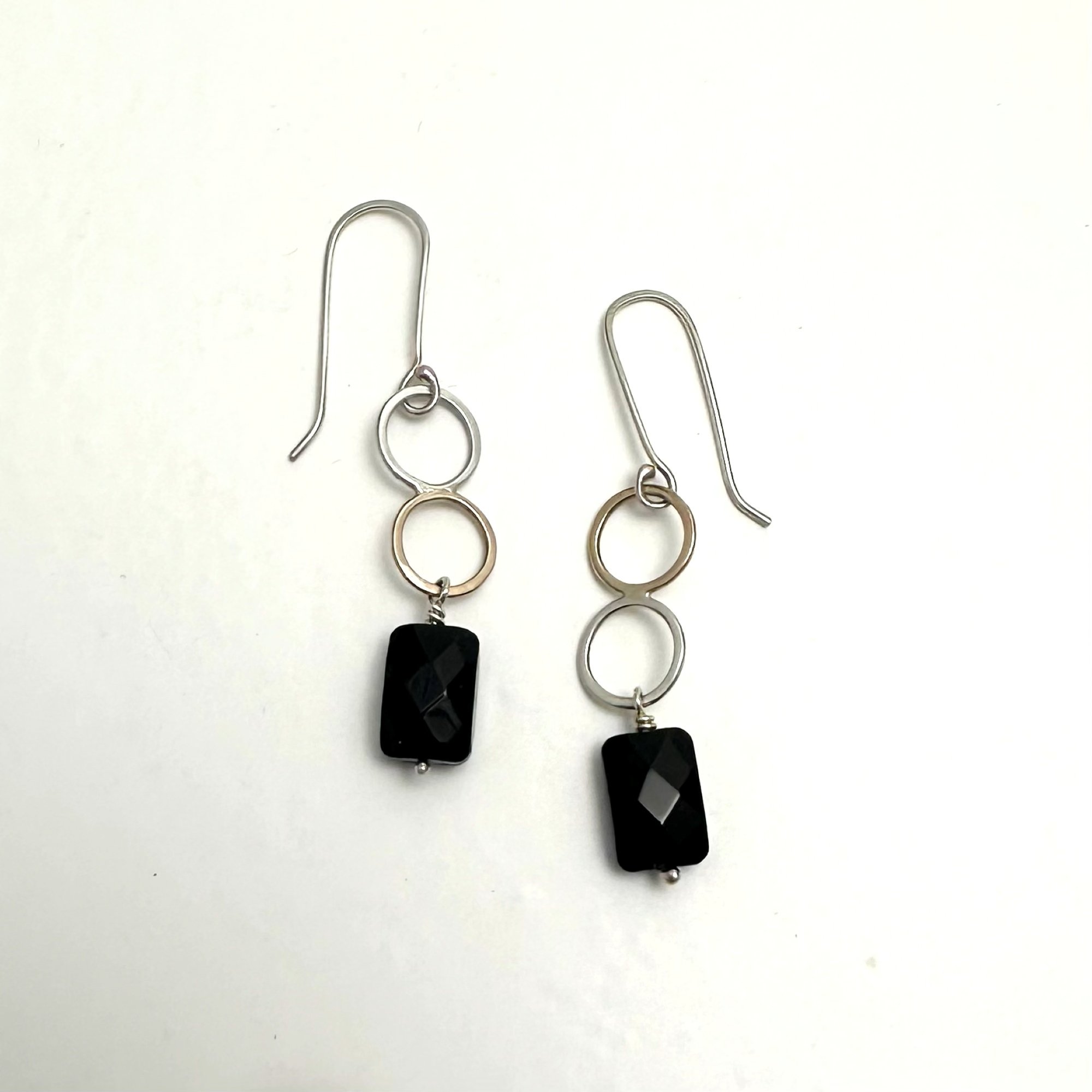 Black Faceted Mid-Century Glass, Goldfilled and Sterling Silver Double Circle Frame Earrings