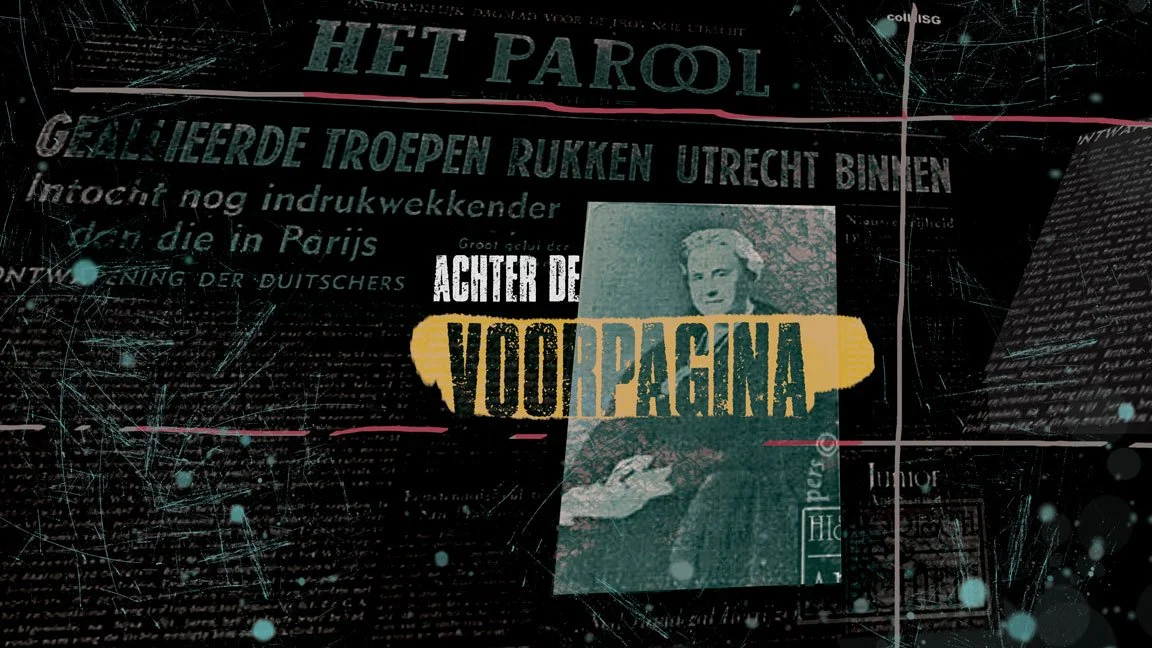 Een collage van teksten en afbeeldingen, inclusief een zwart-wit foto van een vrouw, met de woorden 'Het Parool', 'Achter de Voorpagina' en verschillende overlay- en grafische elementen.
