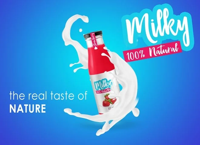 Een fles smaakmakers met aardbeien en melk, omringd door melk schoenen op een blauwe achtergrond.