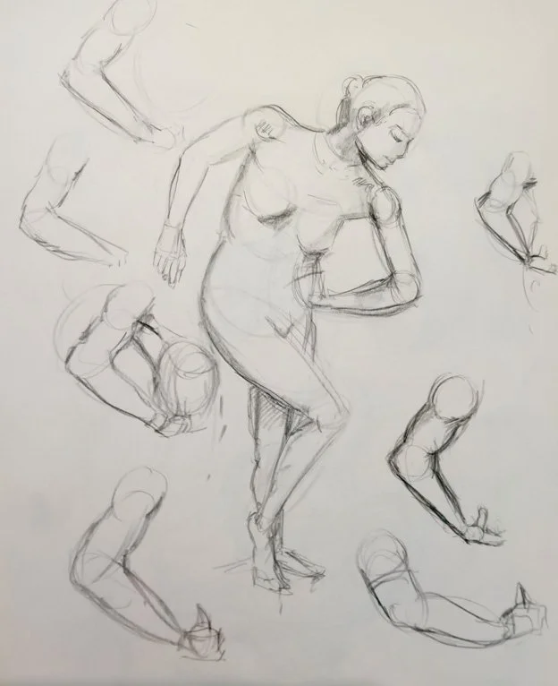 Schets van een menselijke figuur van een vrouw die staat, met aanvullende schetsen van verschillende houdingen en bewegingen.