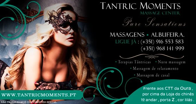 Een promotieposter voor een massagecentrum met een vrouw die een zwart maskertje draagt, tekst over de diensten en contactinformatie, en een link naar de website.