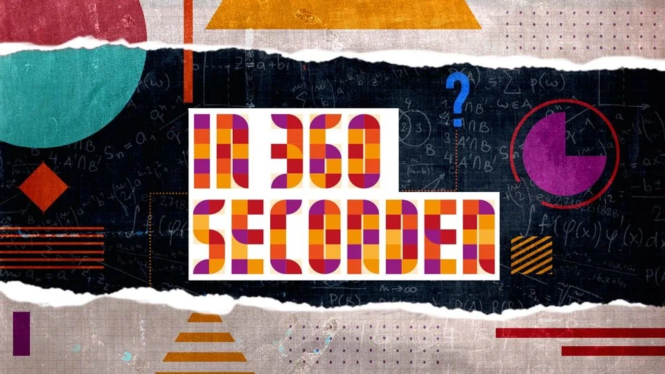 Afbeelding met een kleurrijk geometrisch ontwerp en tekst "In 360 seconden" in het midden. Achtergrond heeft wiskundige formules en patronen in diverse vormen en kleuren.