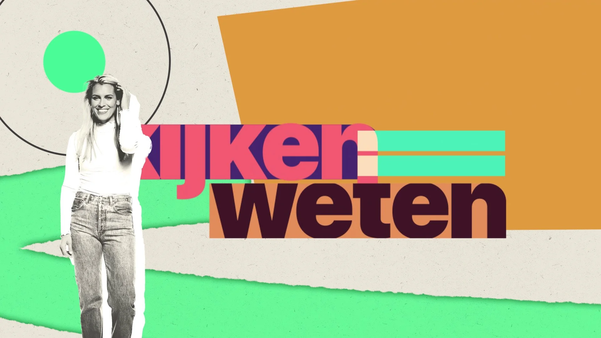 Grafisch ontwerp met een zwarte en witte foto van een lachende vrouw met blond haar, gekleed in een wit top en spijkerbroeken, tegen een kleurrijke achtergrond met geometrische vormen en de tekst 'Lijken weten'.