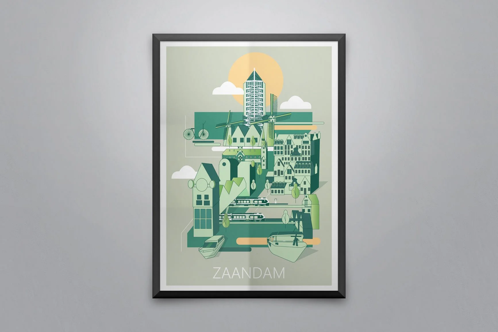 Illustratie van de stad Zaandam met gebouwen, treinen, boten, windmolens, en de zon op de achtergrond.