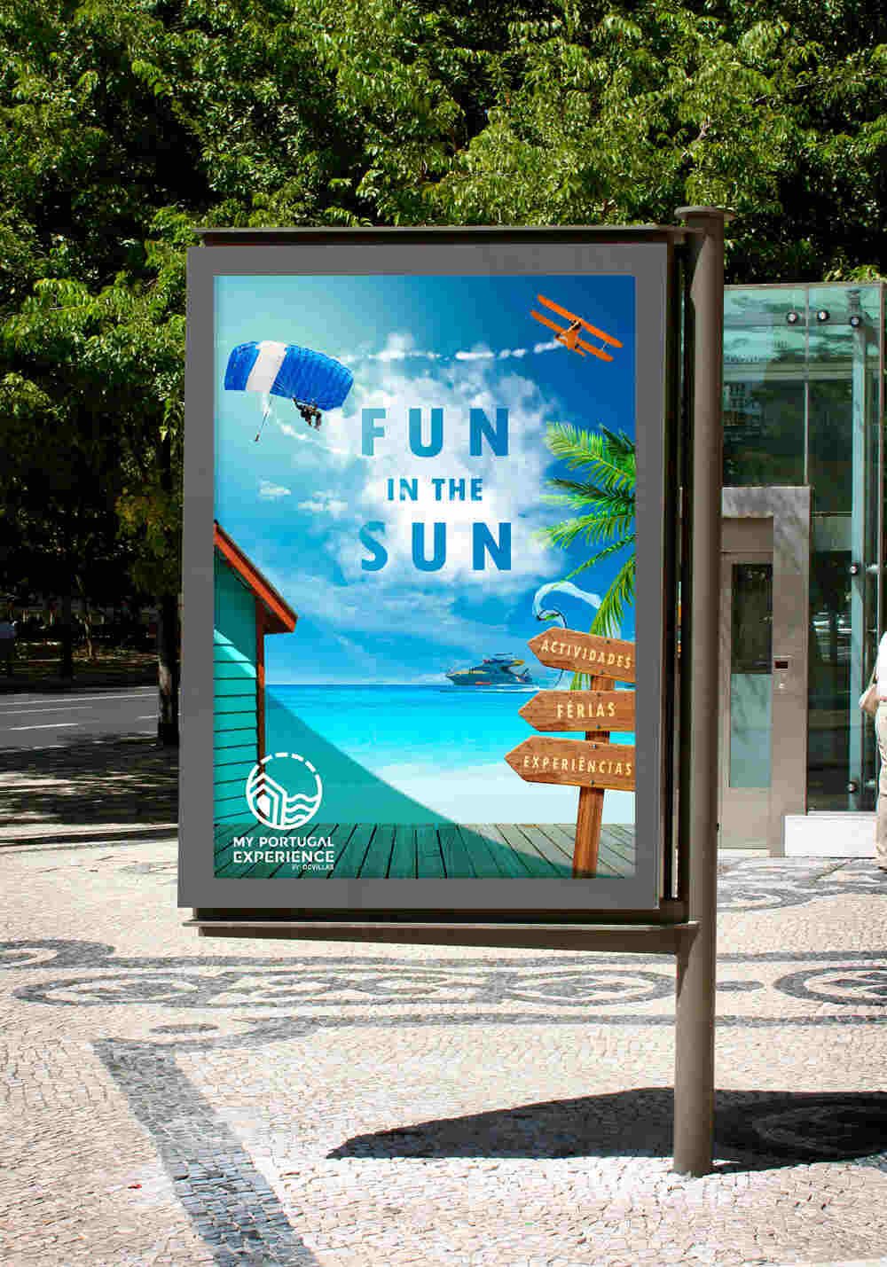 Een poster over plezier in de zon met een vliegtuig, parachutist en yacht, met informatie over activiteiten, vakanties en ervaringen, en een logo met text "My Portugal Experience".