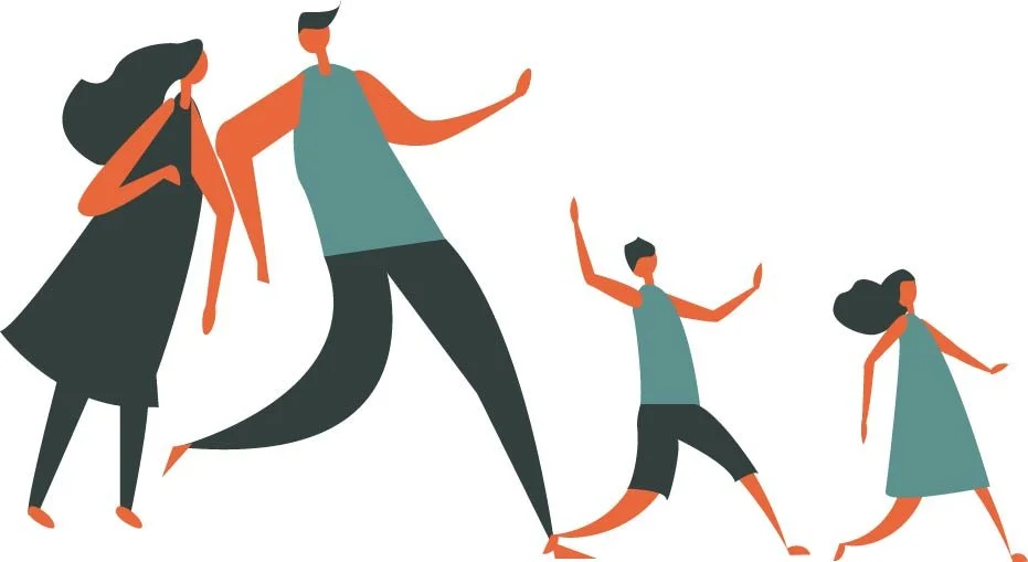Illustratie van vier mensen die dansen en plezier maken.