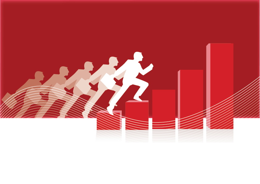 Illustratie van een persoon die de trap oploopt met op de achtergrond grafiekkolommen die groeien, symboliserend vooruitgang en succes.