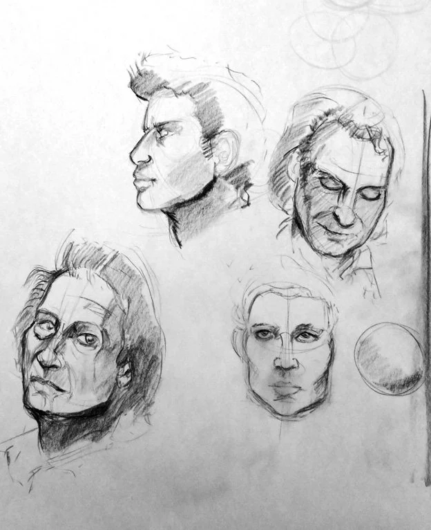 Schets van vijf menselijke gezichten en een cirkel op wit papier.