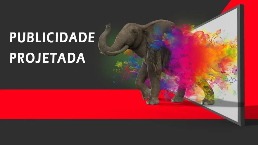 Een illustratie van een olifant die uit een zwart scherm met kleurrijke sprays explodeert, met tekst 'Publicidade Projetada' links.