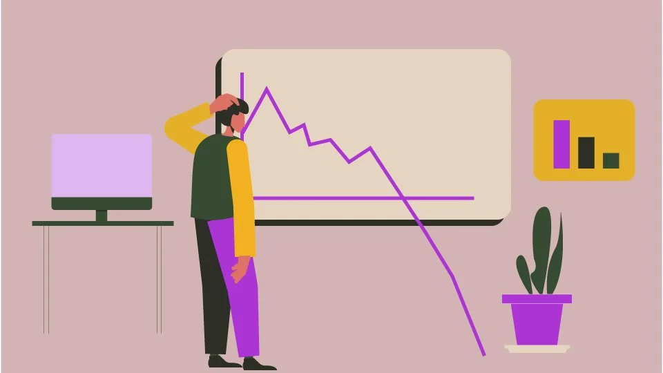 Illustratie van een persoon die zich zorgen maakt over een dalende grafiek op een scherm.