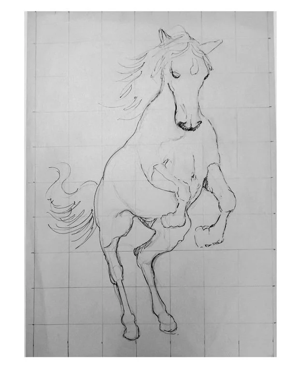 Jonge schets van een springend paard, getekend in potlood op ruitjespapier.