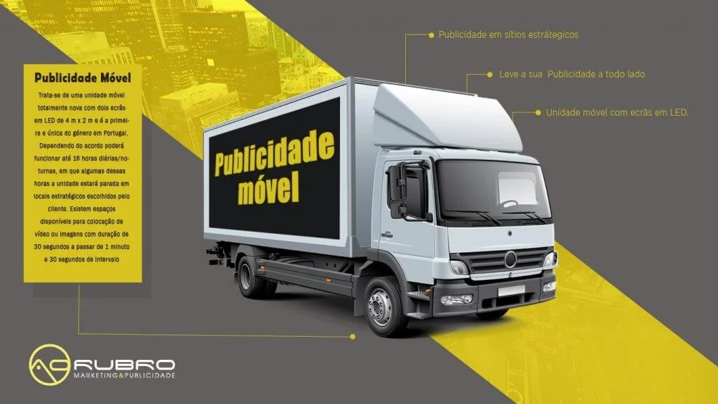 Afbeelding van een mobiele reclamewagen met een groot LED-scherm en de tekst 'Publicidade móvel' daarop, met uitleg in het Portugees over de kenmerken en voordelen van de mobiele reclamewagen.