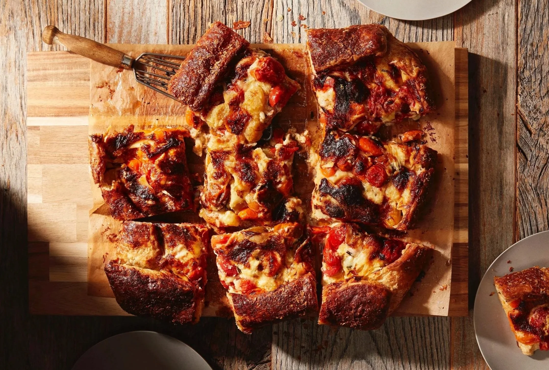 A cutting board with a rectangualr galette filled with cherry tomatoes and pools of gooey cheese, that is sliced into large squares.