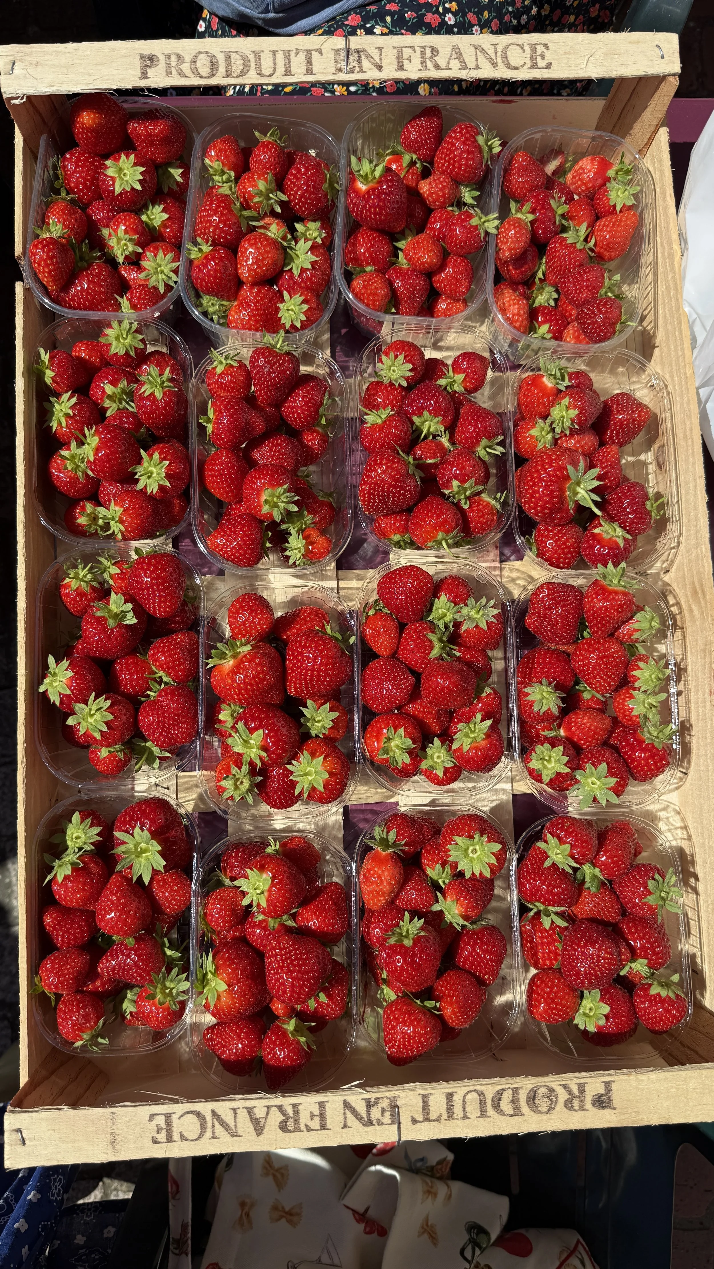 A sun-drenched flat of strawberries