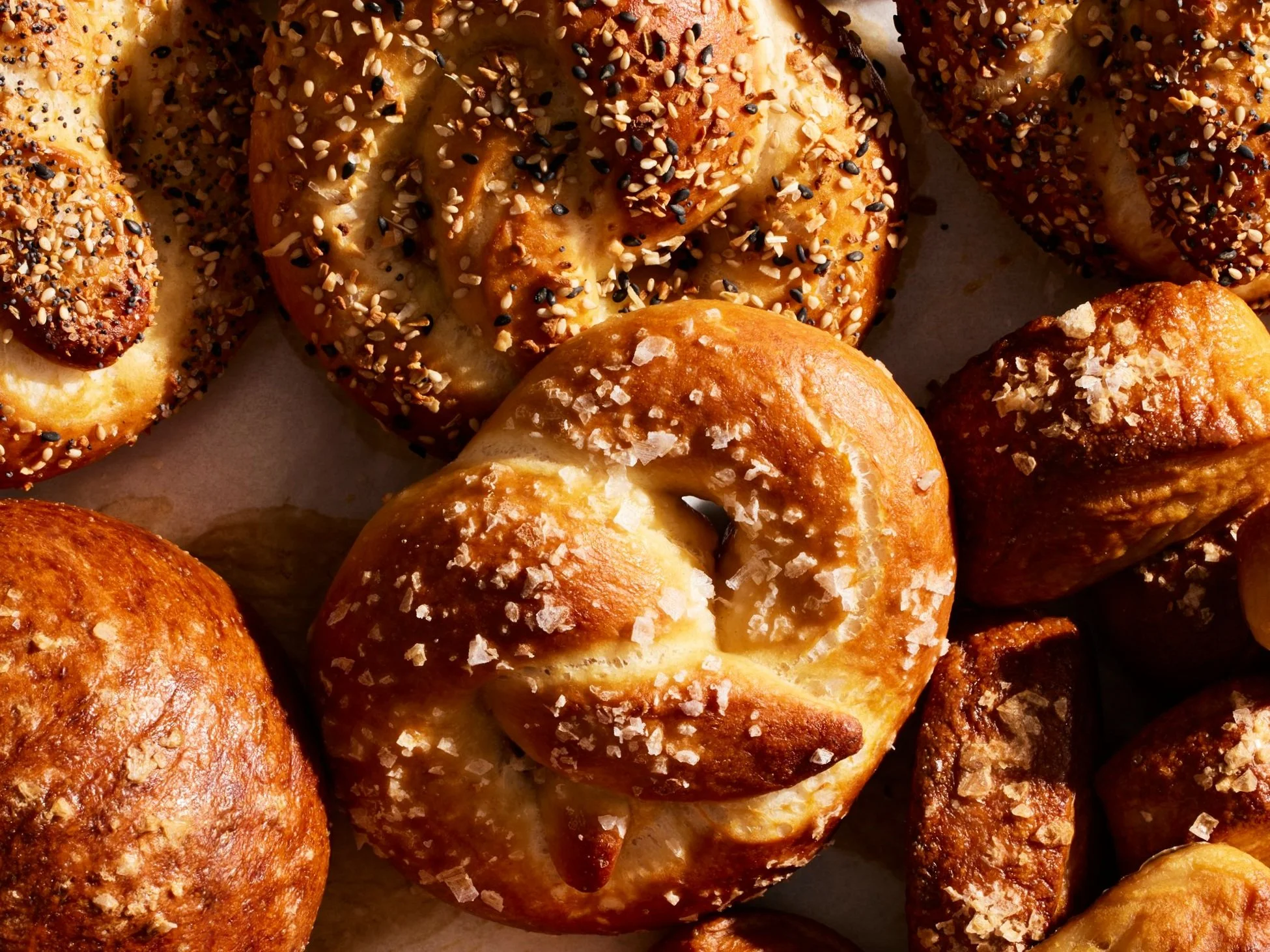 A pile of soft pretzels