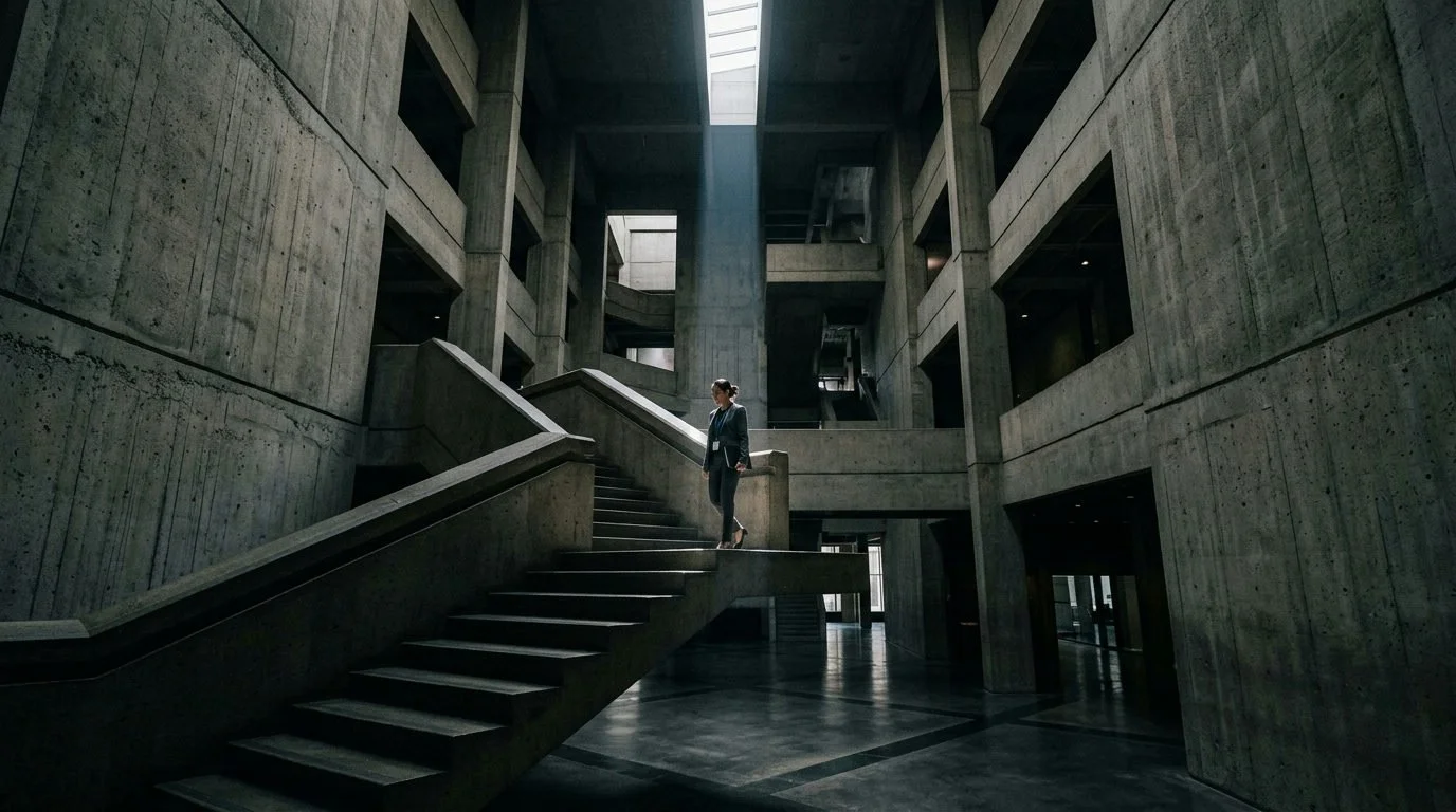 En ensam complianceansvarig på en enorm geometrisk trappa i ett brutalistiskt atrium av betong.