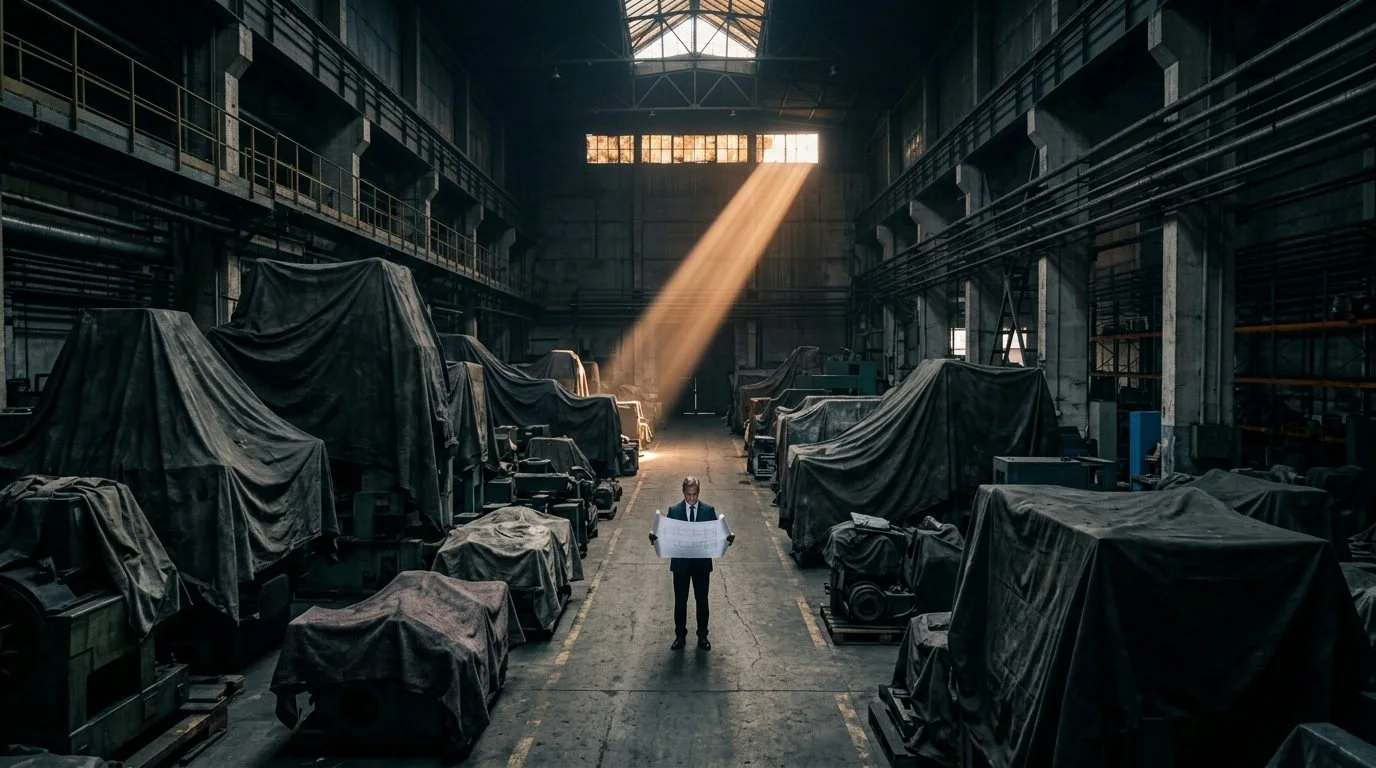 En vidsträckt och dunkel lagerlokal fylld av prototyper täckta med presenningar. En ensam företagsledare studerar en ritning i skenet av en enskild ljusstråle.