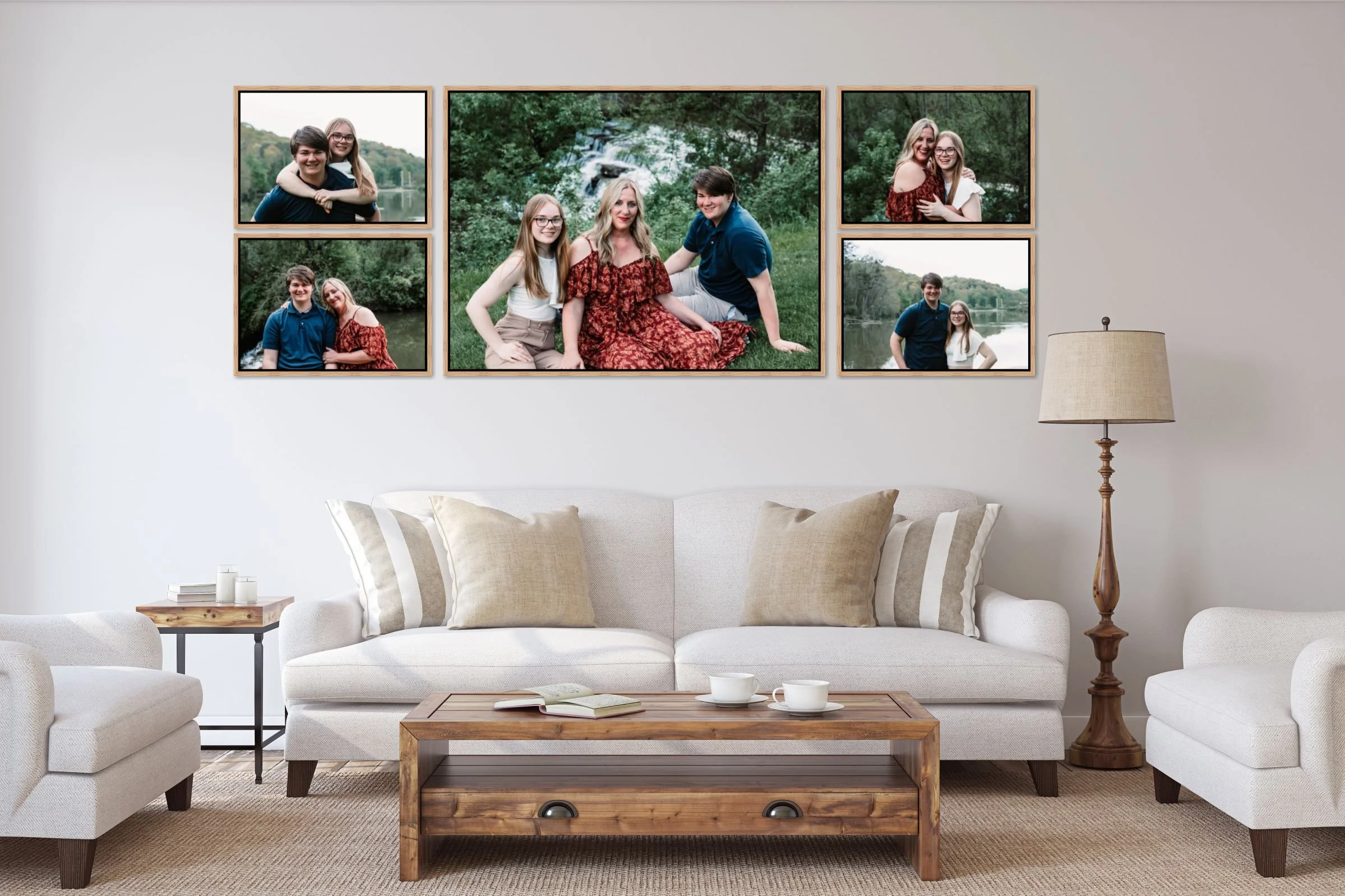 Framed images hanging over white couch in living room