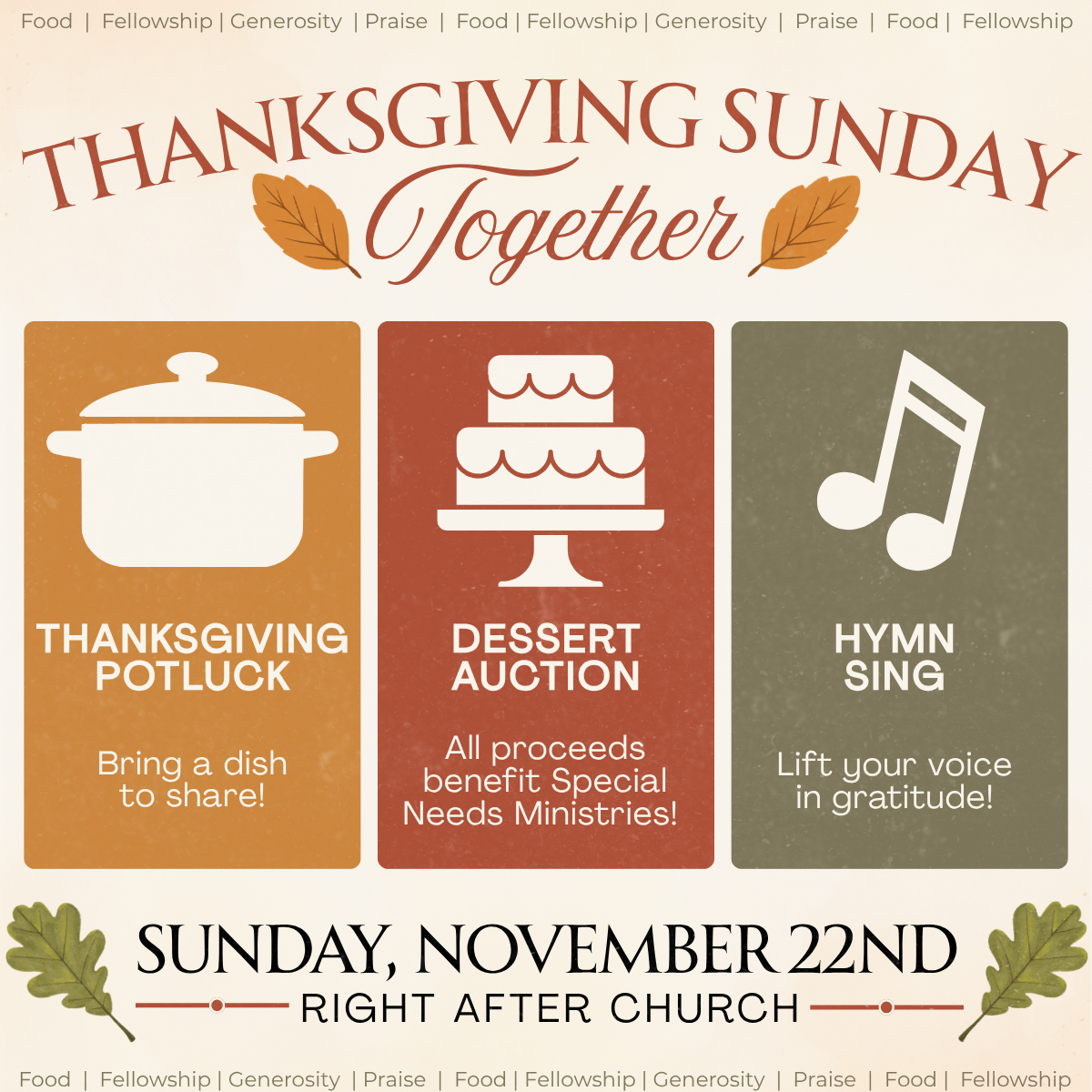 Thanksgiving Sunday: Potluck, Dessert Auction, and Hymn Sing