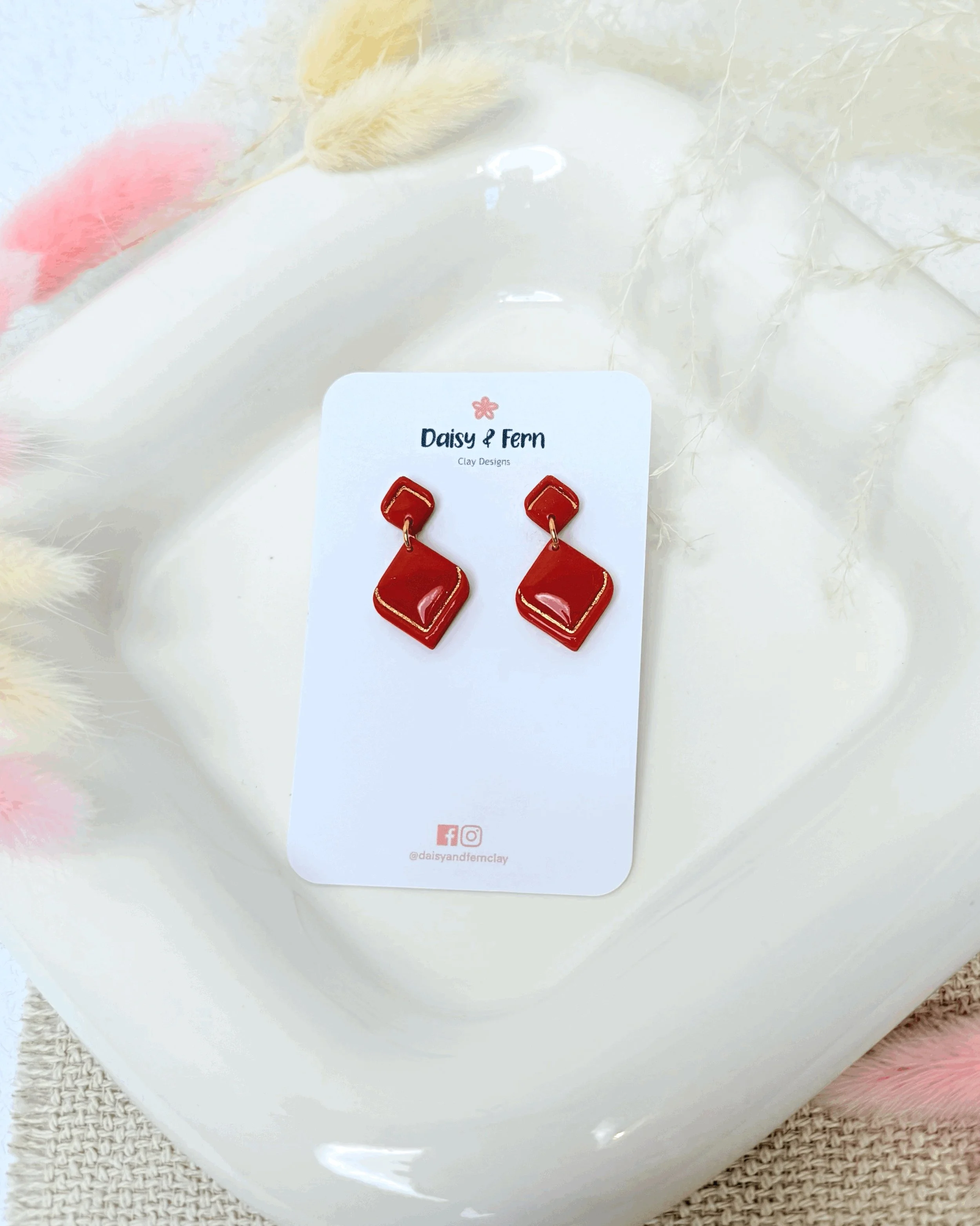 Honeycomb orange diamond drop earrings with gold leaf embellishment. stainless steel post and back, Resin Finish