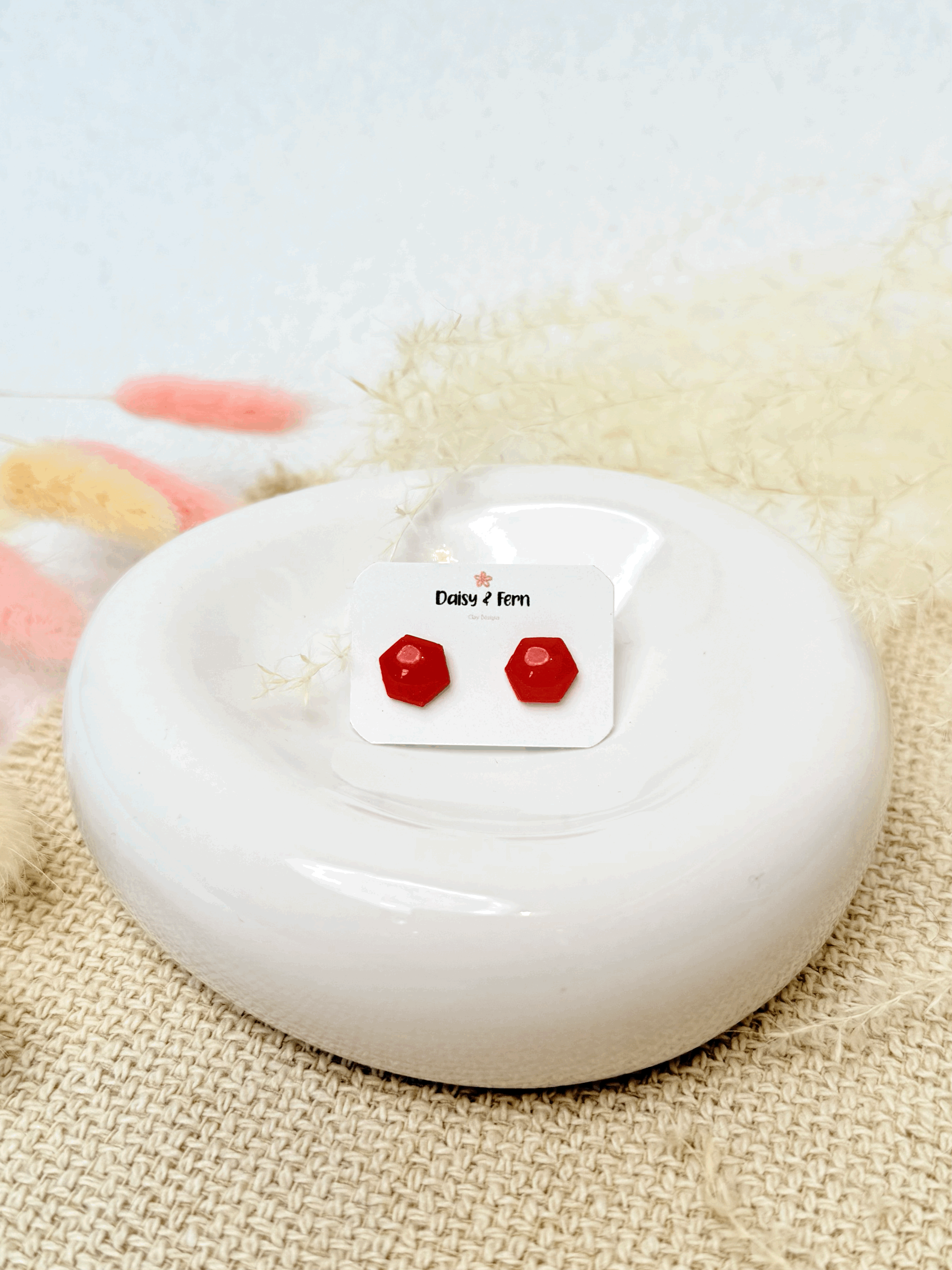 Honeycomb Orange hexagon stud earring. stainless steel post and back