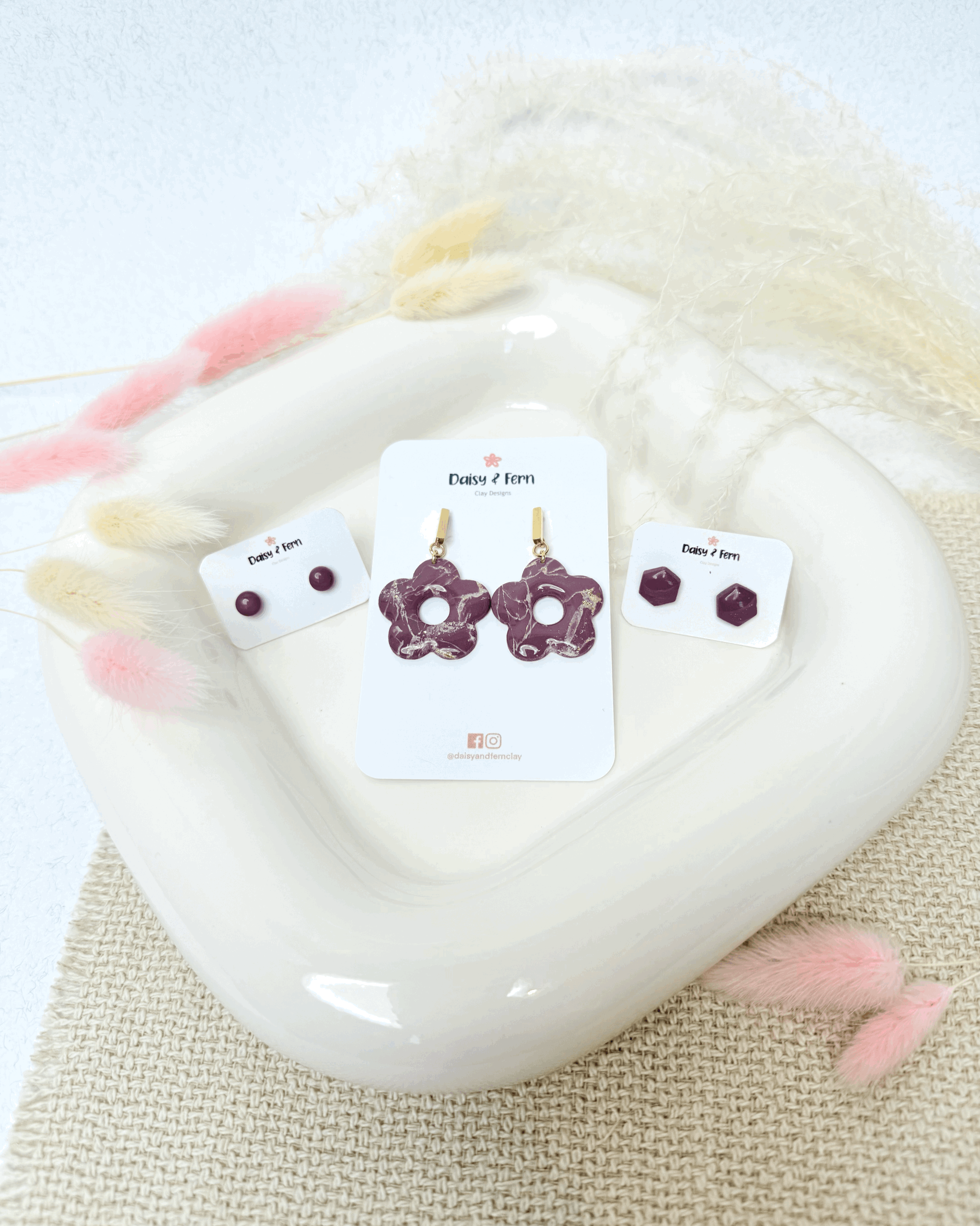 Plum Purple marble donut flower earrings with gold stainless steel bar, lightweight suitable for sensitive skin