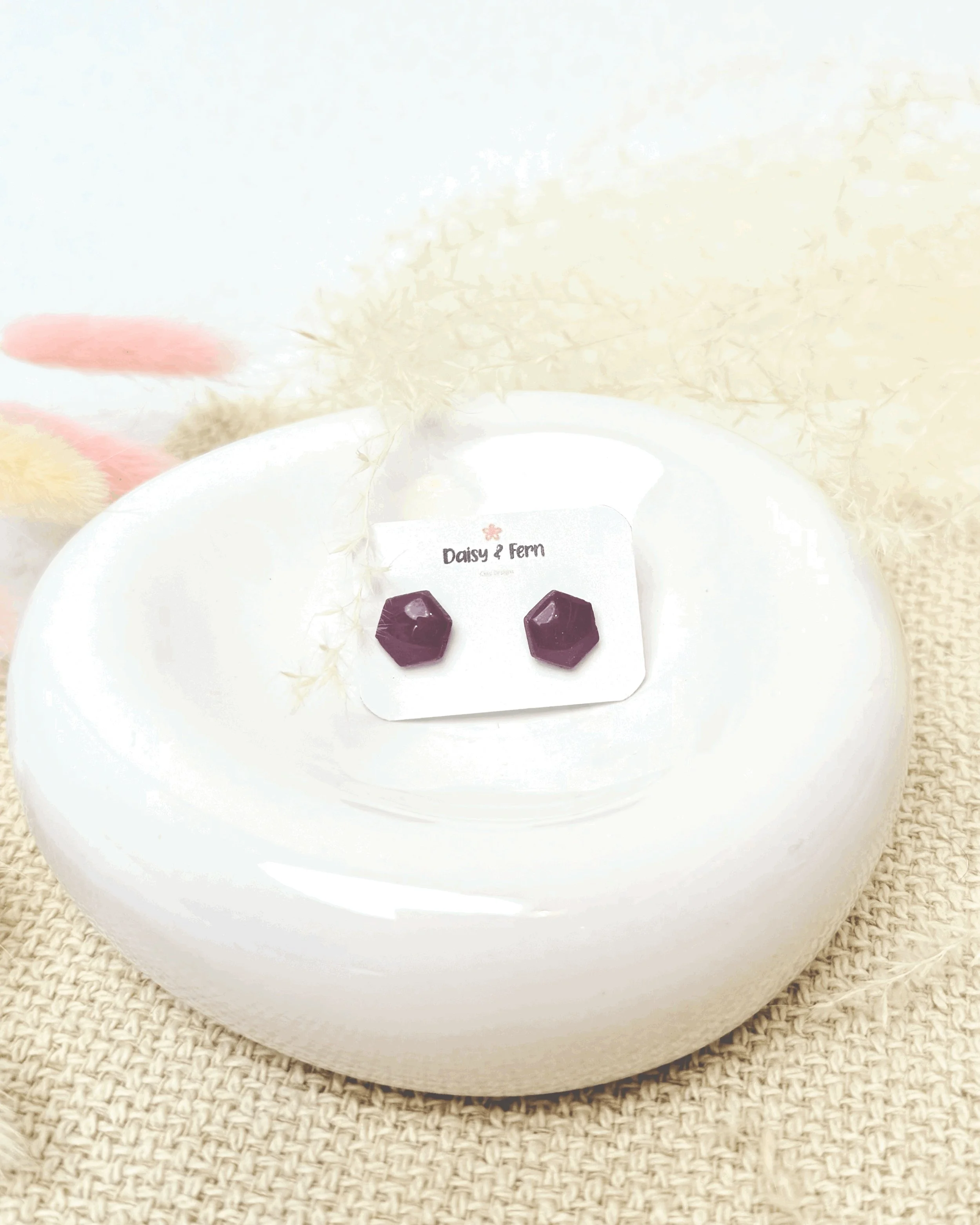 plum purple hexagon studs with stainless steel post and back