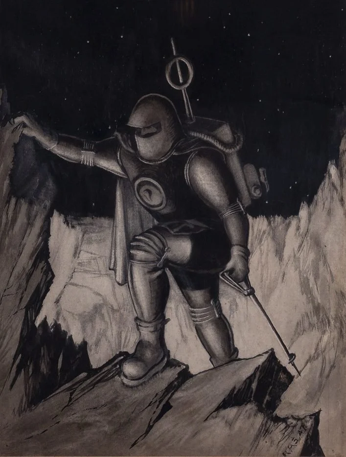 Drawing of a person in a futuristic space suit with a helmet and backpack, climbing a rocky mountain at night, starry sky in the background.