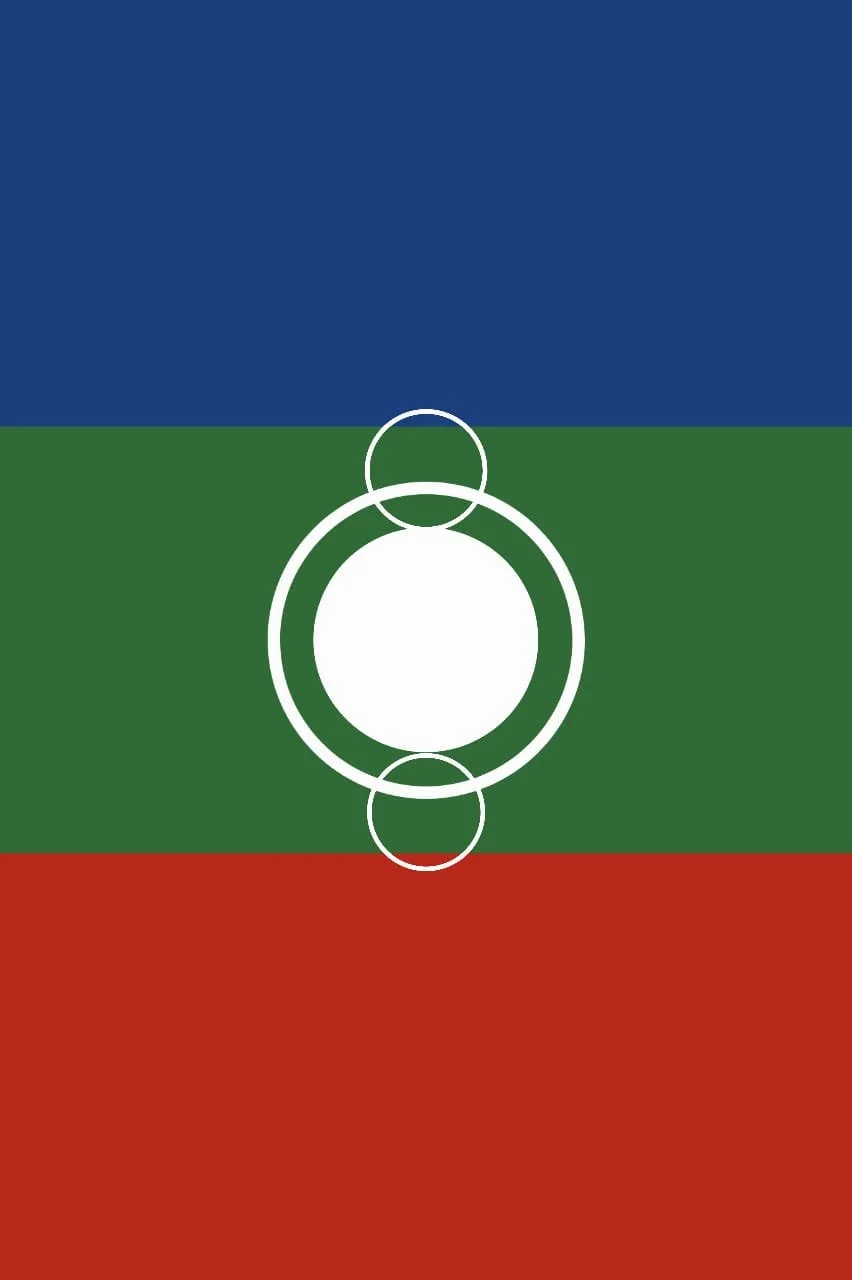 Flag with three horizontal stripes in blue, green, and red, with a white circle and rings in the center.