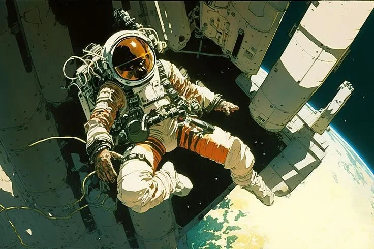 An astronaut in a spacesuit floats outside a spacecraft with Earth visible in the background.