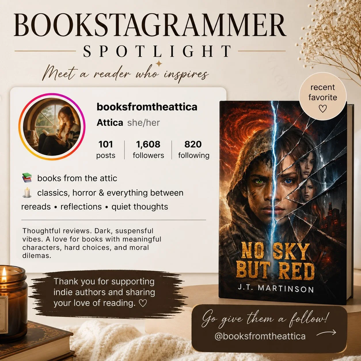 One of my favorite parts of publishing No Sky But Red has been discovering passionate readers who genuinely love sharing books with others.

@booksfromtheattica is one of those people.

She recently read No Sky But Red and I couldn&rsquo;t be more gr
