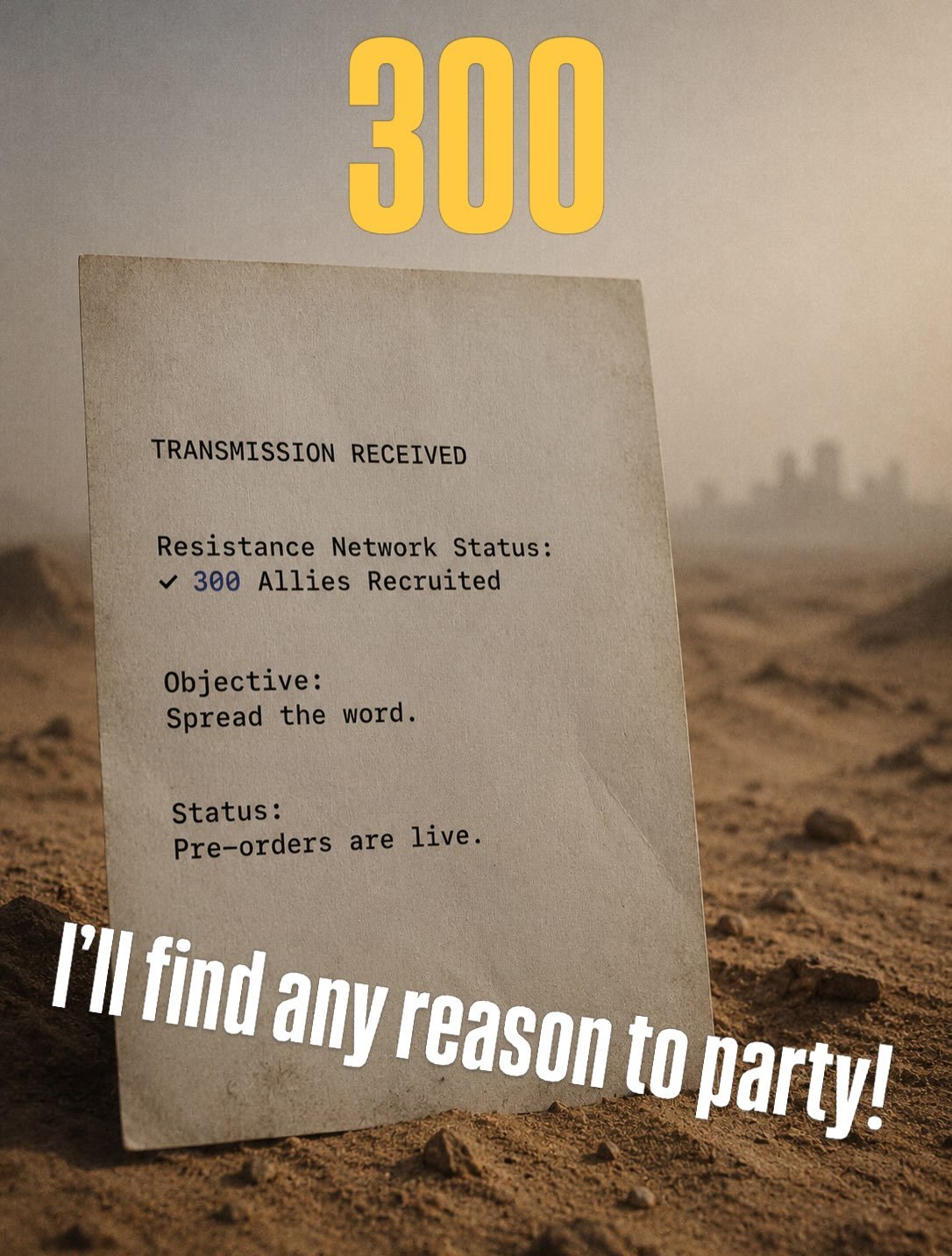 300 followers. 

It&rsquo;s just a pinch compared to so many others. But truly appreciated! 

And it means either:

&bull; you enjoy dystopian books
&bull; you appreciate sarcasm
&bull; or the Instagram algorithm made a mistake.

Either way&hellip;

