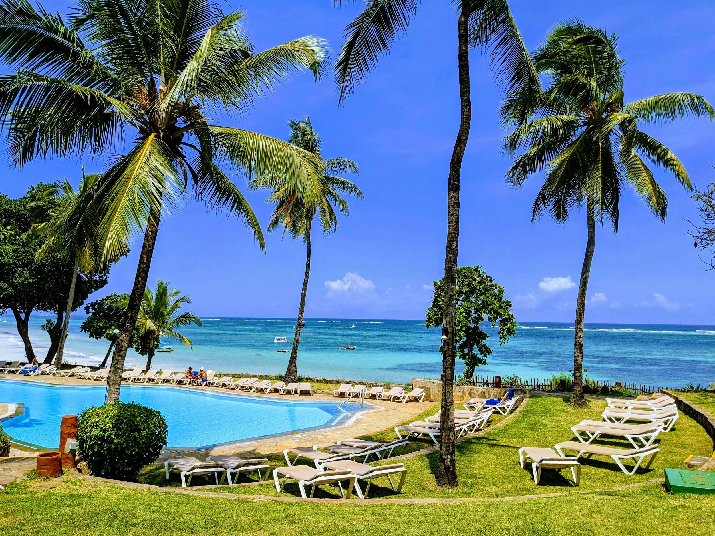Poolside area with lounge chairs, green grass, tall palm trees, facing a beach with blue ocean and sky, some boats in the water.