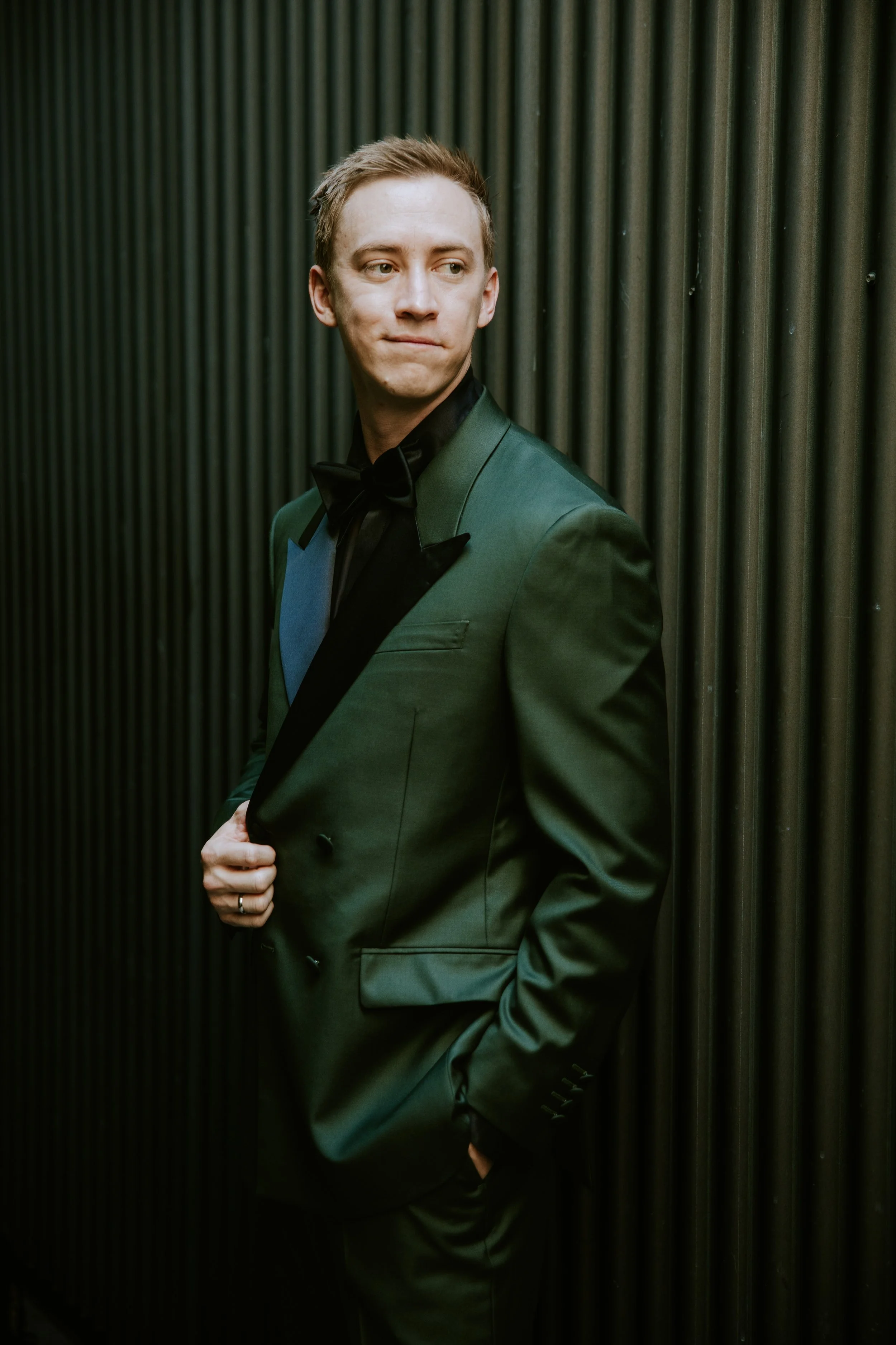 Groom portrait in front of metal wall at Millwick by Marvimon in DTLA