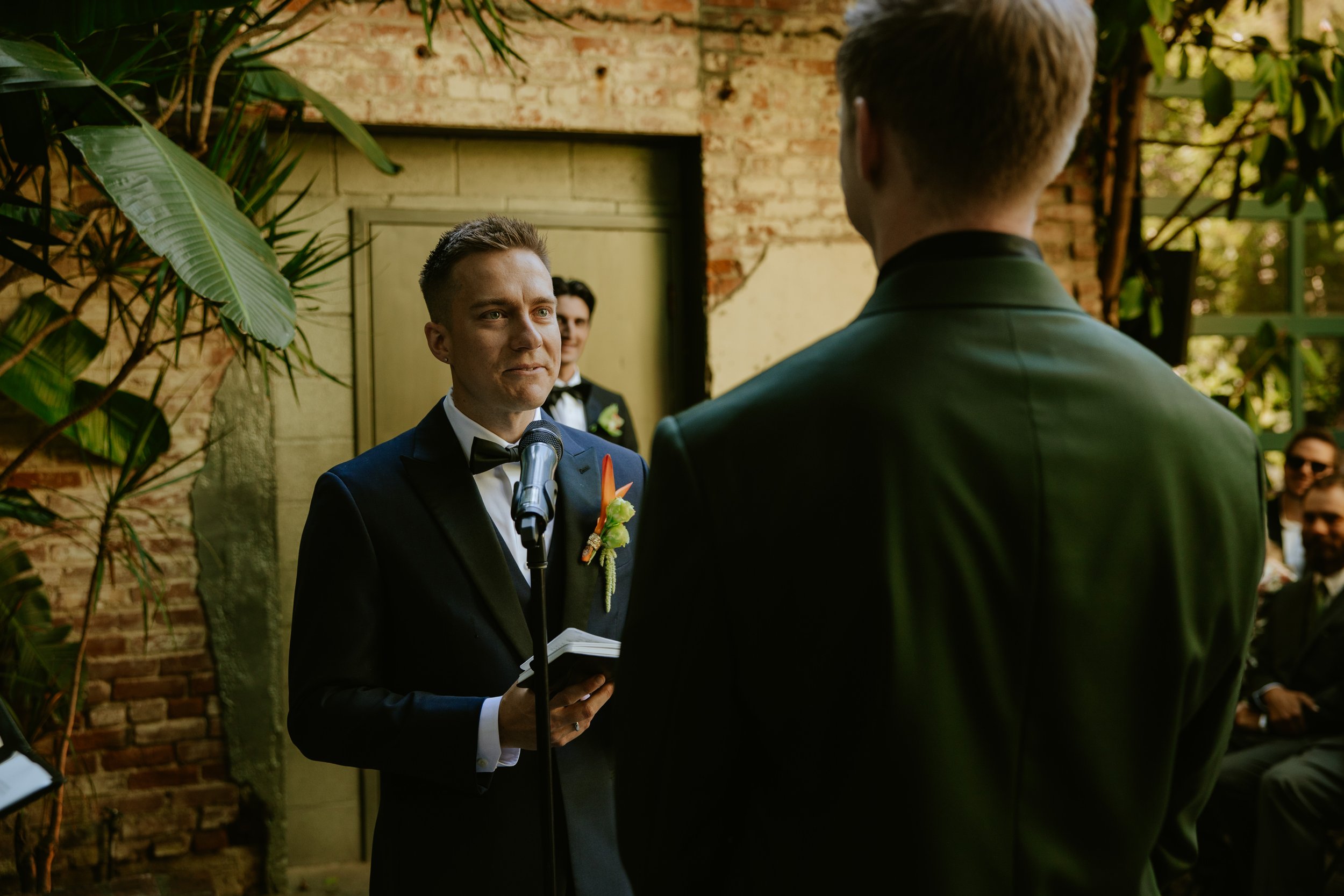 Groom tearing up as he reads his vows at Millwick in DTLA