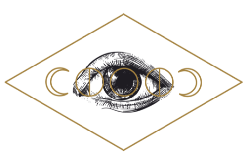 Gold geometric logo with celestial moon phases inside a diamond shape.